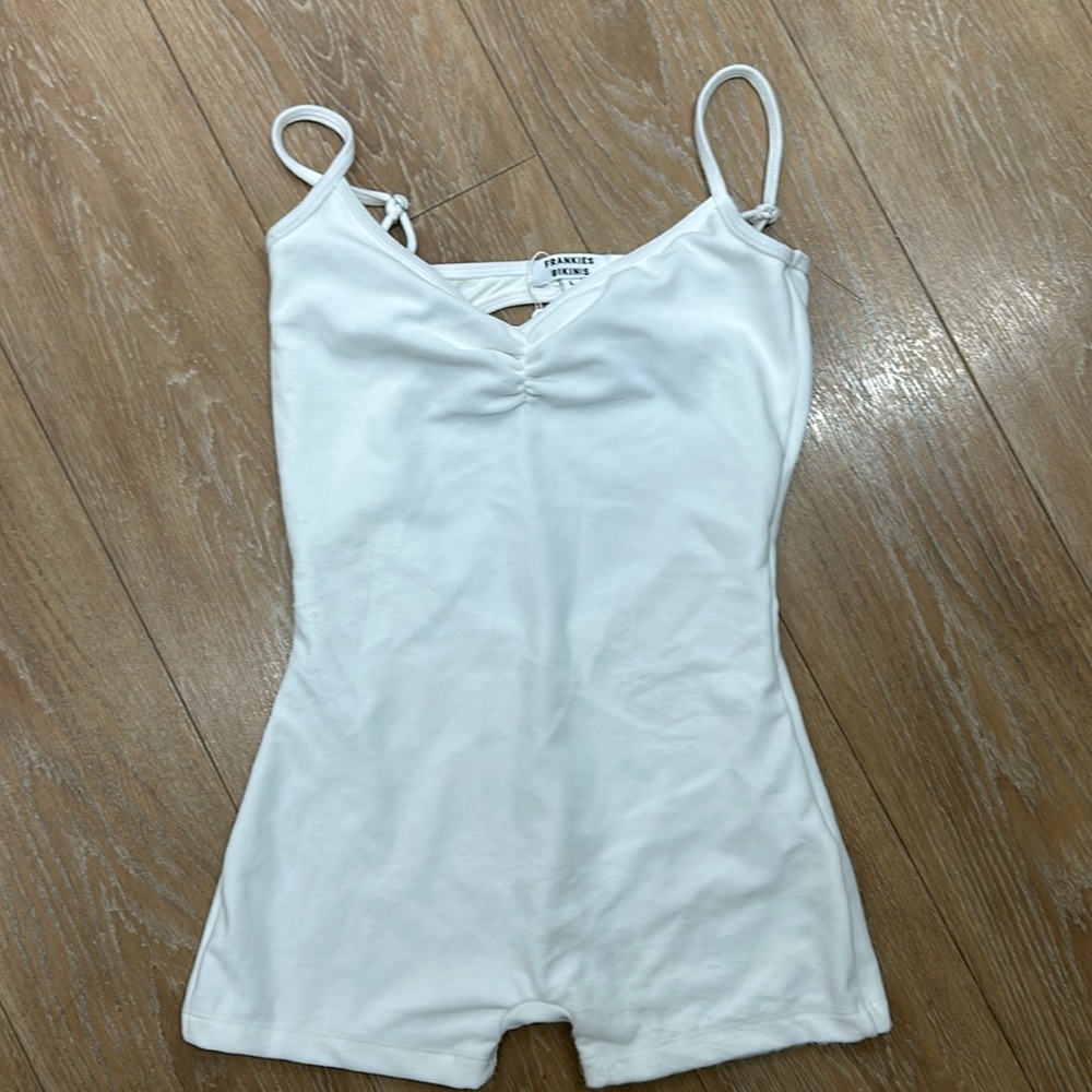 White, velour, unitard. Frankie’s Bikinis, size large.